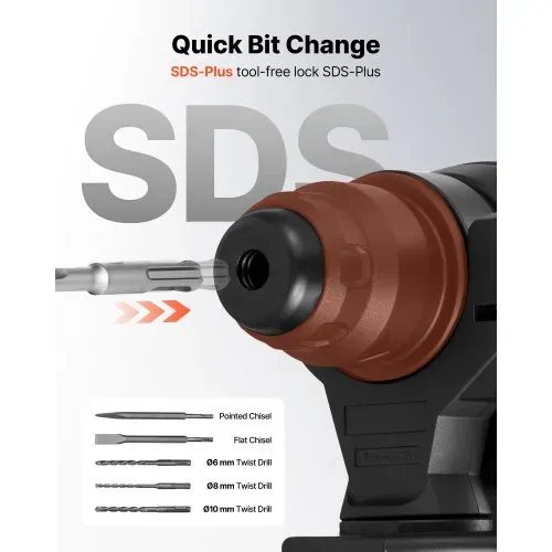 VEVOR Akku-Bohrhammer 13/16 Zoll SDS-Plus, 20 V Meißelhammer Bürstenlos mit Ladegerät & 3 Bohrer & Flachmeißel & Spitzmeißel & Transportkoffer, für Beton und Mauerwerk Schwarz Orange – Bild 3