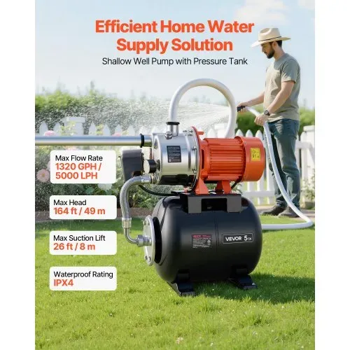 VEVOR Hauswasserwerk 1,6 PS 5000 L/h Flachbrunnenpumpe mit Druckbehälter, für Garten Rasen und Hauswasserversorgung, 49 m Förderhöhe, 8 m Saughöhe, IPX4-Wasserschutz und Manometer zur Druckkontrolle VEVOR Hauswasserwerk 1,6 PS 5000 L/h Flachbrunnenpumpe mit Druckbehälter, für Garten Rasen und Hauswasserversorgung, 49 m Förderhöhe, 8 m Saughöhe, IPX4-Wasserschutz und Manometer zur Druckkontrolle