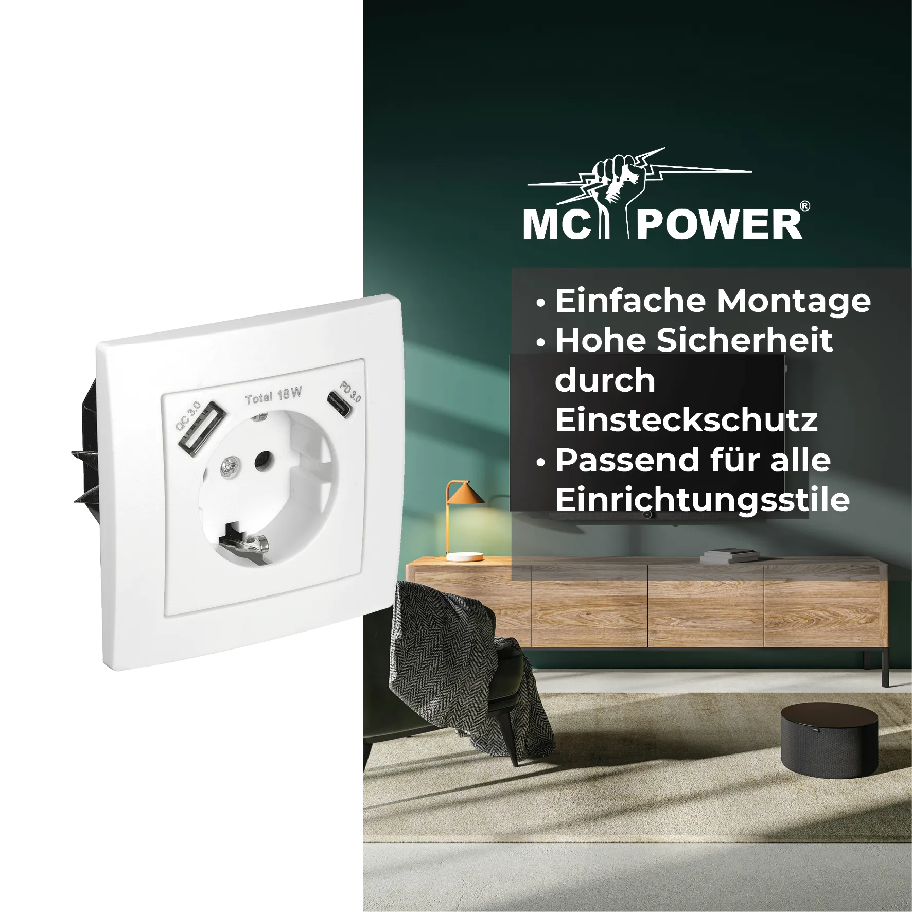 Schutzkontakt-Steckdose McPower ''Flair'' 1x USB-C 18W PD, 1x USB-A, weiß – Bild 3
