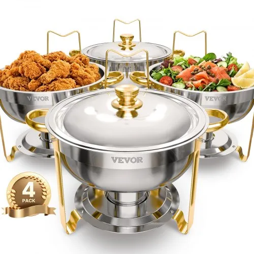 VEVOR Chafing Dish Buffet Speisenwärmer mit 4 Behältern in voller Größe (4,7 L pro), runder Catering-Wärmespender mit Deckel & Wasserpfanne & klappbarer Ständer, für Hochzeiten Partys Golden VEVOR Chafing Dish Buffet Speisenwärmer mit 4 Behältern in voller Größe (4,7 L pro), runder Catering-Wärmespender mit Deckel & Wasserpfanne & klappbarer Ständer, für Hochzeiten Partys Golden