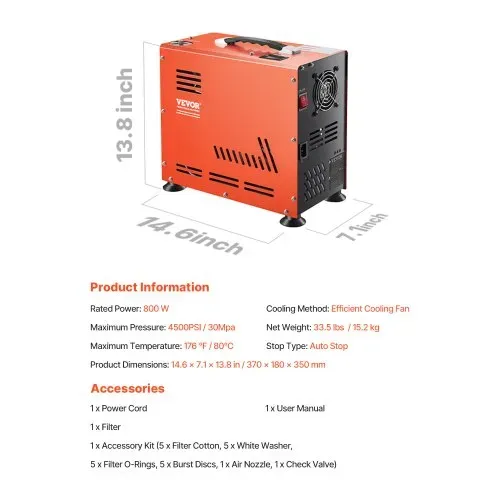 VEVOR PCP-Luftkompressor, 800 W Doppelzylinder-PCP-Luftgewehrkompressor 310 bar/30 MPa mit eingebautem Lüfterkühlsystem, Auto-Stopp | Ölfreier Paintball-Tankkompressor für Luftgewehr, Tauchflasche – Bild 6