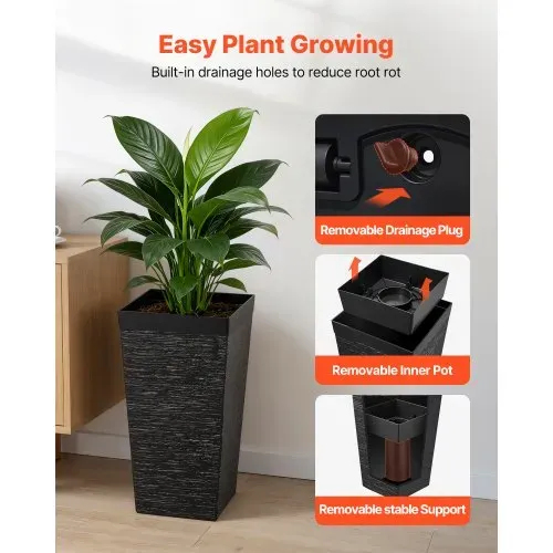 VEVOR Pflanztopf 300x300x580 mm 2er-Set, Blumentopf, Blumenkübel, PP-Pflanzgefäß, Planzkübel, Pflanzkasten mit Innentopf & Abflusslöchern, Geeignet für Zimmer- & Gartenpflanzen, Schwarz – Bild 4