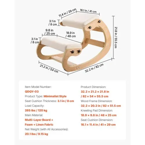 VEVOR Ergonomischer Kniehocker mit Dicken, Integrierten Schaumstoffpolstern & Massivholzrahmen, Höheneinstellbarer Kniestuhl zur Entlastung von Nacken und Rücken, Ideal für Zuhause, Büro, Beige – Bild 6