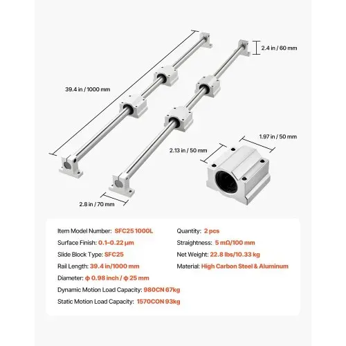 VEVOR Linearführungen SFC25, 2er-Pack 1000 mm Linearschienen & 4 Stk. Gleitblöcke, Führungsschienen, Gleitschienen für DIY-Graviermaschinen, Dreh- & Fräsmaschinen, DIY-Übungs-Wippplatte – Bild 6