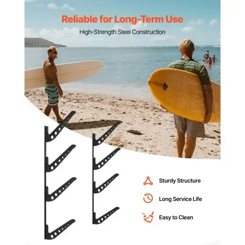 VEVOR Surfbrett-Wandhalterung (4 Ebenen) horizontales Surfbrett-Rack Aufhänger zur Aufbewahrung & Präsentation, höhenverstellbarer Organizer für Kiteboards Shortboards Skier Snowboards Schwarz – Bild 3