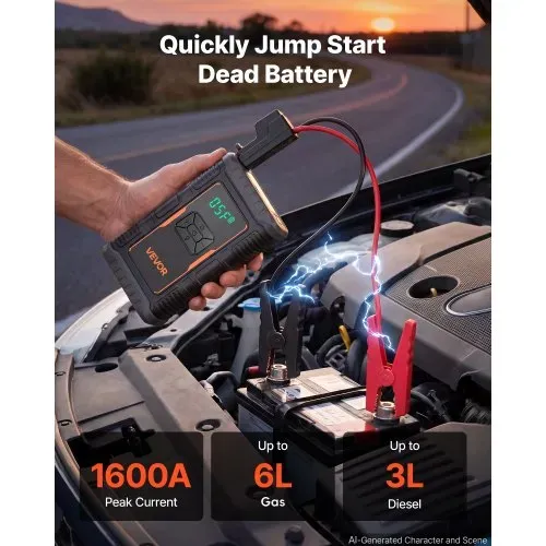 VEVOR Starthilfe Powerbank mit Luftkompressor 1600 A Spitzenleistung für 6,0-L-Benzin- / 3,0-L-Dieselmotoren, 150 psi Reifendruck, Automatische Abschaltung, 12-V-Ladegerät und LED-Taschenlampe – Bild 2