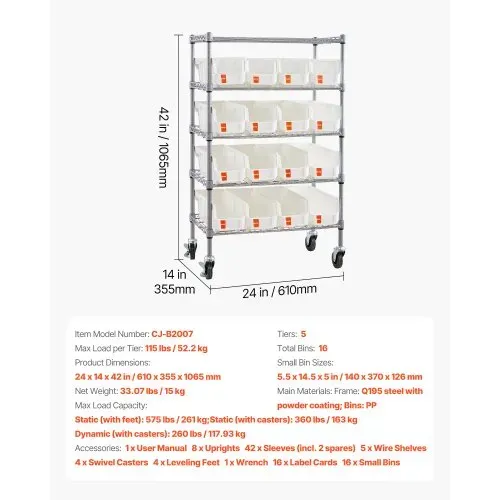 VEVOR Standregal, Lagerregal mit 5 Ebenen & 16 Stapelboxen, Bücherregal Küchenregal mit Rollen, Fahrregal für Garage, Lager, Büro, Restaurant, Klassenzimmer, Küche, 610x355x1065 mm – Bild 6