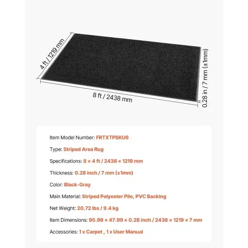 VEVOR Schmutzfangmatte, 2438x1219 mm, Fußmatte für Innen & Außen, Sauberlaufmatte mit PVC-Rückseite, Türmatte, waschbarer Eingangsteppich für Flur, Balkon, Garage, gestreift, Grau – Bild 6