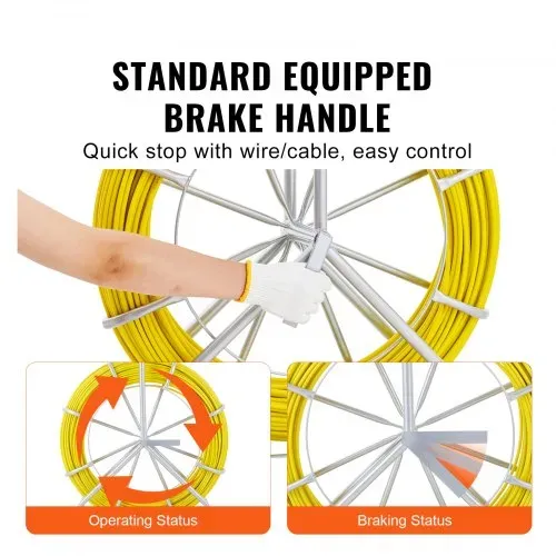 VEVOR Fiberglas Kabel Rad Ø7,9mm x 150m Glasfaserstab inkl. Stahlhaspel Handschuhe Bremsgriff Metall-Zugköpfe Fischband -40℃ bis +80℃ Einziehhilfe Einziehband Einziehspirale – Bild 4