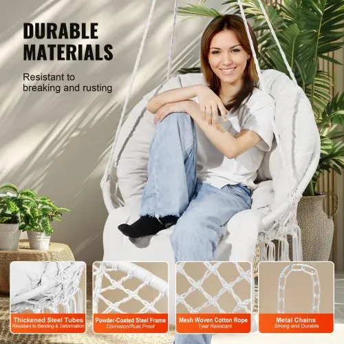 VEVOR Hängesessel, 150 kg Tragkraft, Makramee-Hängesessel mit Kissen und Befestigungsmaterial, Schaukelstuhl aus Baumwollseil für Schlafzimmer, Balkon, Terrasse, Garten, Beige – Bild 2