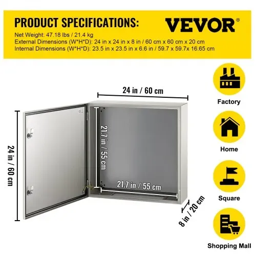 VEVOR Schaltschrank Kohlenstoffstahl Verteilerschrank Industriegehäuse 60x60x20cm Schaltkasten IP66 & NEMA Wasserdicht Anschlussdose Stromkasten Ideal für Fabriken Baustellen Einkaufszentren usw. – Bild 6