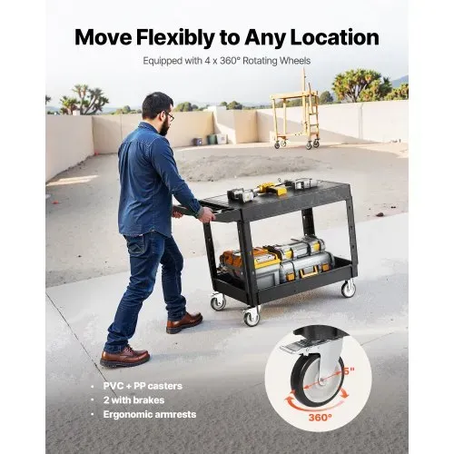 VEVOR Werkzeugwagen, 250 kg Tragkraft, Werkstattwagen, Mehrzweckwagen aus Kunststoff mit zwei Ablagen & 360°-Lenkrollen (2 mit Bremse), geeignet für Lager, Garage, Reinigung, 1180x650x865 mm – Bild 3