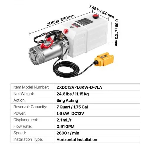 VEVOR Hydraulikaggregat Hydraulikpumpe 1600 W 7 Qt 3,4 L/min Einfachwirkend für Ladebordwände Scherenhubtische Becherförderer, Entlastungsdruck 22 Mpa, Überdruckventil, Handregler, Horizontale Montage – Bild 6