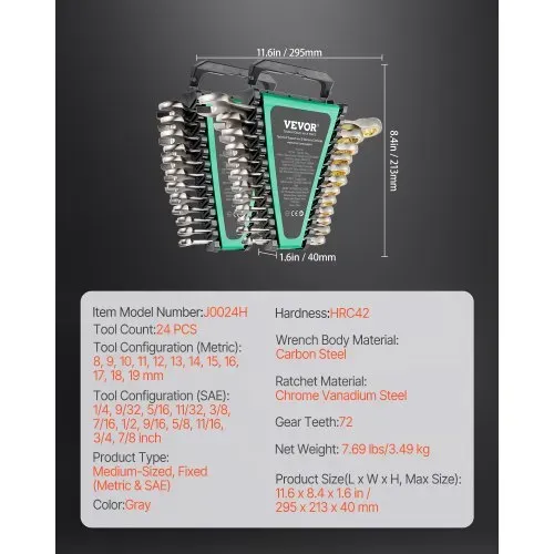 VEVOR Schlüsselsatz 24-teiliger Ratschenschlüsselsatz mit Organizer-Rack, Cr-V-Stahl-Schlüsselsatz SAE 1/4 Zoll bis 7/8 Zoll, metrisch 8 mm bis 19 mm, ideal für Haushalt Autoreparaturen Werkstatt – Bild 6