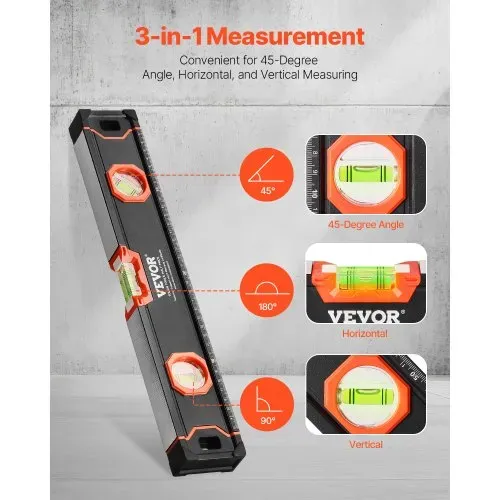 VEVOR Wasserwaagen 6er-Set, 200/120/80/60/40/25cm, Messwerkzeug mit Libellen für 45/90/180 Grad, magnetisches Box-Wasserwaagen-Werkzeug aus Aluminiumlegierung, stoßfest, SAE- & metrische Skala – Bild 4