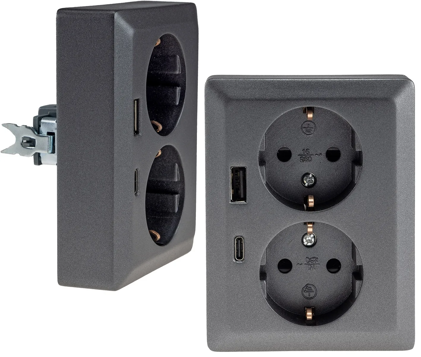 MILOS Schutzkontakt-Steckdose 2-fach 250V~/ 16A, 1x UP, USB A+C/PD, anthrazit MILOS Schutzkontakt-Steckdose 2-fach 250V~/ 16A, 1x UP, USB A+C/PD, anthrazit