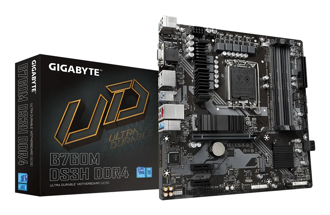 GIGABYTE B760M DS3H DDR4 Motherboard – Unterstützt Intel Core 14. Generation CPUs, 6+2+1 Phasen Digital VRM, bis zu 5333MHz DDR4 (OC), 2xPCIe 4.0 M.2, 2.5GbE LAN, USB 3.2 Gen2 GIGABYTE B760M DS3H DDR4 Motherboard – Unterstützt Intel Core 14. Generation CPUs, 6+2+1 Phasen Digital VRM, bis zu 5333MHz DDR4 (OC), 2xPCIe 4.0 M.2, 2.5GbE LAN, USB 3.2 Gen2