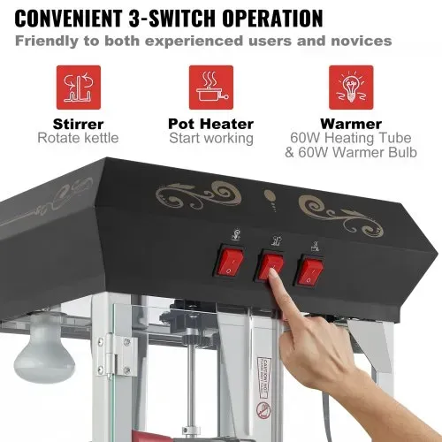 VEVOR Popcornmaschine Popcornautomat mit Wagen 850 W Popcorngerät, 8 oz Kessel für 48 Tassen pro Ladung, Popcornmaschine mit gehärtetem Glas inkl. 4 Schaufeln Kino-Stil Restaurant Schwarz – Bild 4