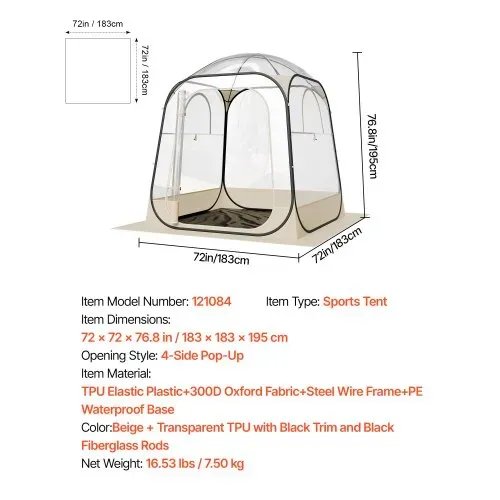 VEVOR Transparentes Zelt, 183x183x195 cm, Pop-up-Zelt für 5–6 Personen, Sportzelt mit Bodenmatte & oberer Abdeckung, Outdoor-Bubble-Zelt, Campingunterstand für Veranstaltungen, Angeln, Jubeln – Bild 6