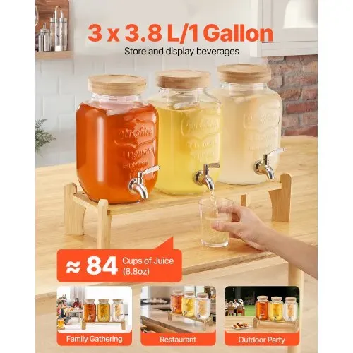VEVOR Getränkespender (3 x 3,8 L) für Partys Saftspender (aus Glas) mit tropfsicherem Zapfhahn & Holzständer Wasserspender für Restaurants Partys, Limonade Eistee selbstgemachte Getränke Spender VEVOR Getränkespender (3 x 3,8 L) für Partys Saftspender (aus Glas) mit tropfsicherem Zapfhahn & Holzständer Wasserspender für Restaurants Partys, Limonade Eistee selbstgemachte Getränke Spender