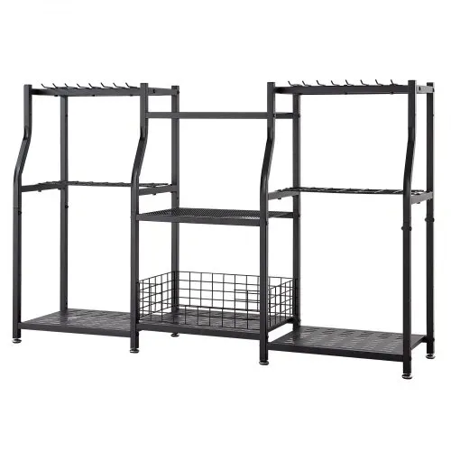 VEVOR Gartengeräte Ständer 1235x290x795mm 3-Stöckiger Gerätehalter Schwarz, Aufbewahrungsregal für Garage Schuppen Garten, Organizer aus Stahl für Besen Mopp Rechen, mit Ablagefächern & Nivellierfüßen – Bild 9