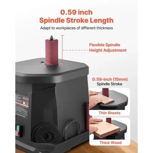 VEVOR Oszillierender Spindelschleifer, 2000 U/min Spindelschleifmaschine mit 6 Hülsen (12,7–76,2 mm), 15 mm Hub & Staubanschluss für die Möbelveredelung, Bastelschleifen, Heimwerker-Holzbearbeitung – Bild 3