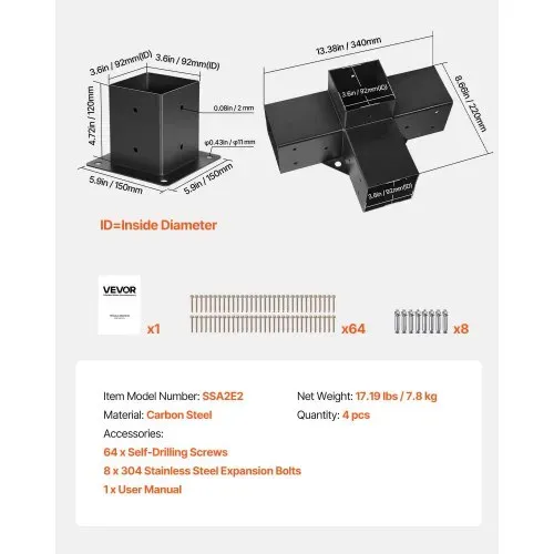 VEVOR Pfostenverbinder, Pfostennecke für 92x92 mm Pfosten, 4-Wege-Hochleistungs-Eckhalterungen, Pfostenträger, Woodworks DIY-Pfostenbasissatz, für Pavillons, Terrassenpergolen, Pavillion, 4er-Set – Bild 6