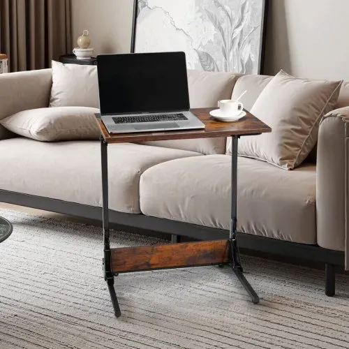 VEVOR Beistelltisch Kaffeetisch klappbar mit Metallrahmen & verstellbaren Füßen, C-förmiger Couchtisch für Wohnzimmer Schlafzimmer Büro 60 x 37 x 70 cm TV-Tablett, Sofatisch Braun und Schwarz – Bild 7