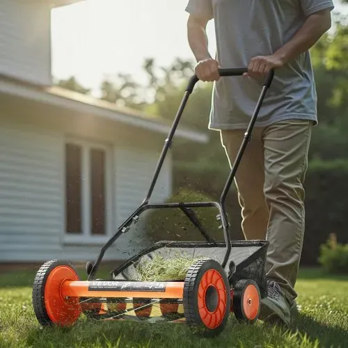 VEVOR Spindelmäher mit 450 mm Schnittbreite, Rasenmäher Schnitthöhe von 35 bis 62 mm, Handmäher mit 5 Klingen und Grasfangsack, Ideal für grüne Rasenflächen, Einfahrten, Innenhöfe – Bild 7