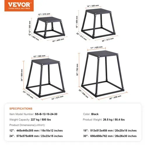 VEVOR 4-teilige Plyometrische Sprungboxen, 305/458/609/762 mm Plyometric Box Schwarz, Rutschfestes Fitness-Übungs-Step-Up-Box-Set für Heim-Fitness-Training, Konditions-Krafttraining, Jump Training – Bild 6