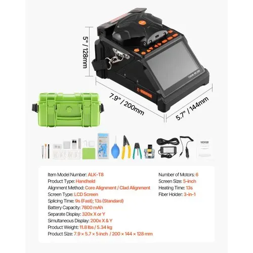 VEVOR Glasfaser Spleißgerät, 6 Motoren, Kern- & Mantelausrichtung, mit 6 s schnellem Spleißen & 13 s Aufheizzeit, 5-Zoll-LCD-Bildschirm, 3-in-1-Faserhalter, 7800 mAh Akku für SM MM DS NZDS-Fasern – Bild 6