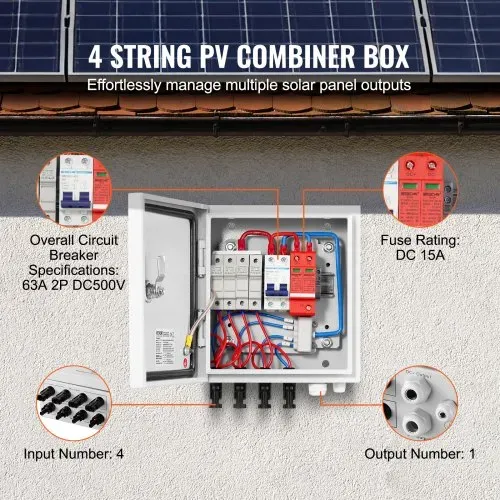 VEVOR PV-Combiner-Box, 4-String, Solar-Combiner-Box mit 15 A Nennstromsicherung, 63 A Leistungsschalter, Blitzableiter und Solaranschluss, Stahlgehäuse für On-/Off-Grid-Solarpanelsystem, IP65 – Bild 2