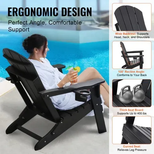 VEVOR Adirondack-Stuhl aus Kunststoff, 2er-Set, wetterfest, tragbar, klappbar, Feuerstellenstuhl, Adirondack-Terrassenstuhl für den Außenbereich mit Getränkehalter, mit entspannender Armlehne, ergonomisch, für Garten, Hinterhof – Schwarz – Bild 3