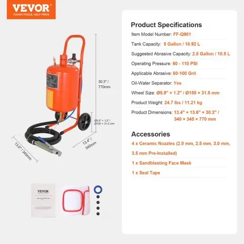 VEVOR Mobiles Sandstrahlgerät 18,92 L Sandstrahlanlage 243,84 cm ArbeitsschlauchSandstrahler 60–110 PSI Arbeitsdruck ideal zum Entfernen von Rost, Farbe, Flecken und das Polieren großer Flächen – Bild 6