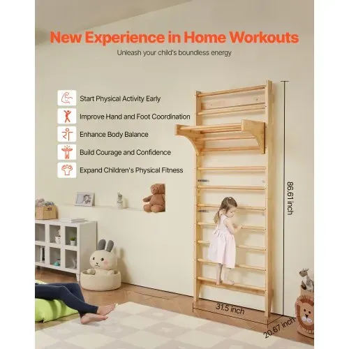 VEVOR schwedisches Leiterwand 10-stufiges Indoor-Klettergerüst aus Massivholz, 100 kg belastbare Indoor-Spielplatz-Kletterleiter Turnreck mit Klimmzugstange – Ideales Geschenk für Kinder – Bild 4