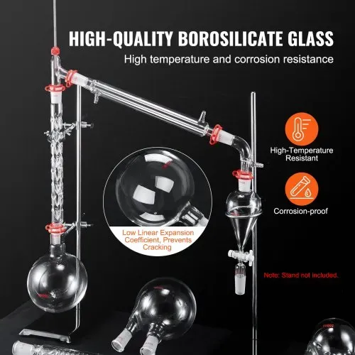 VEVOR Labor-Destillationsset, 3,3-Boro-Laborglas-Destillationsset mit 24- und 40-Verbindungen, 1000-ml-Destillationsgeräte-Set für Ätherische Öle, 32-teiliges Set mit Glaswaren – Bild 2