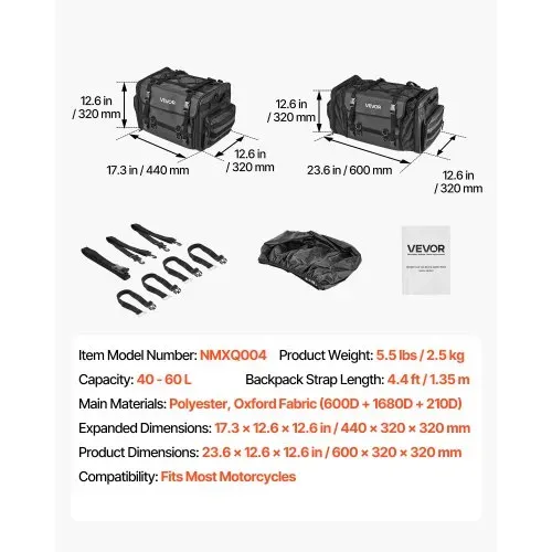 VEVOR Motorrad Hecktasche Rücksitztasche (40-60 L) mit wasserfester Regenabdeckung, Motorrad-Gepäckaufbewahrung, Gepäckträgertasche mit Schultergurt & elastischer Kordel, Motorradgepäck Schwarz – Bild 6