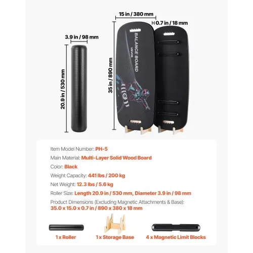 VEVOR Balance Board Holz Set für Erwachsene (89 cm), Wackelbrett bis 200 kg Belastbar, inkl. Rolle, Magnetstoppern & Ablage, Gleichgewichtstrainer für Surf- & Core-Training, Physiotherapie, Schwarz – Bild 6