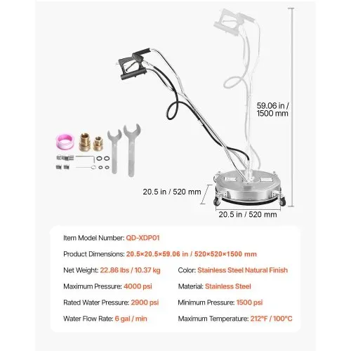 VEVOR Hochdruckreiniger φ520 mm Oberflächenreiniger, Flächenreiniger aus Edelstahl mit 4 Rädern, 275,8 bar, 3/8-Zoll-Schnellanschluss, 2 Sprühdüsen, Doppelgriff, für Beton, Terrasse, Gehweg – Bild 6