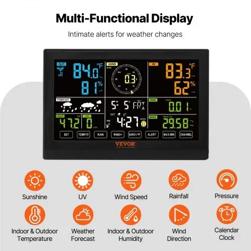 VEVOR 7-in-1 Wetterstation Funkwetterstation mit Außensensor 190,5 mm (7.5-inch) Farbdisplay RCC-Atomuhr zur Messung von Windrichtung Windgeschwindigkeit Luftdruck Innen/Außentemperatur und -feuchtigkeit Mondphase – Bild 4