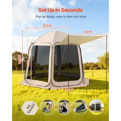VEVOR Campingzelt, 304,8 x 280,4 cm, Pop-up-Zelt mit ausziehbarer Markise, tragbares Partyzelt für 4–8 Personen mit Tragetasche und Seitenwänden, für Terrasse und Outdoor-Aktivitäten, Beige VEVOR Campingzelt, 304,8 x 280,4 cm, Pop-up-Zelt mit ausziehbarer Markise, tragbares Partyzelt für 4–8 Personen mit Tragetasche und Seitenwänden, für Terrasse und Outdoor-Aktivitäten, Beige