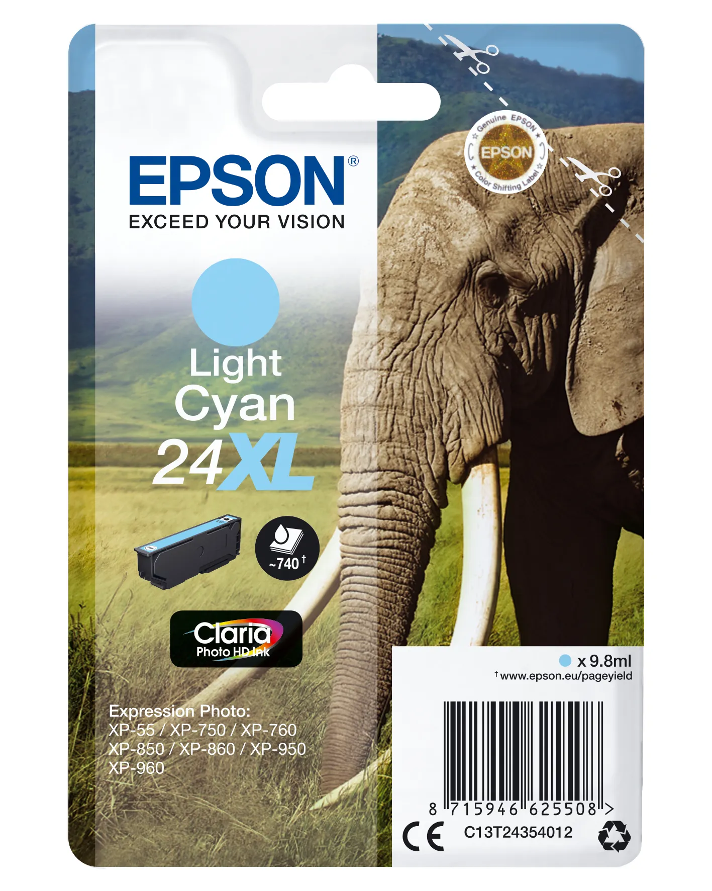 Epson Elephant Singlepack Light Cyan 24XL Claria Photo HD Ink Epson Elephant Singlepack Light Cyan 24XL Claria Photo HD Ink