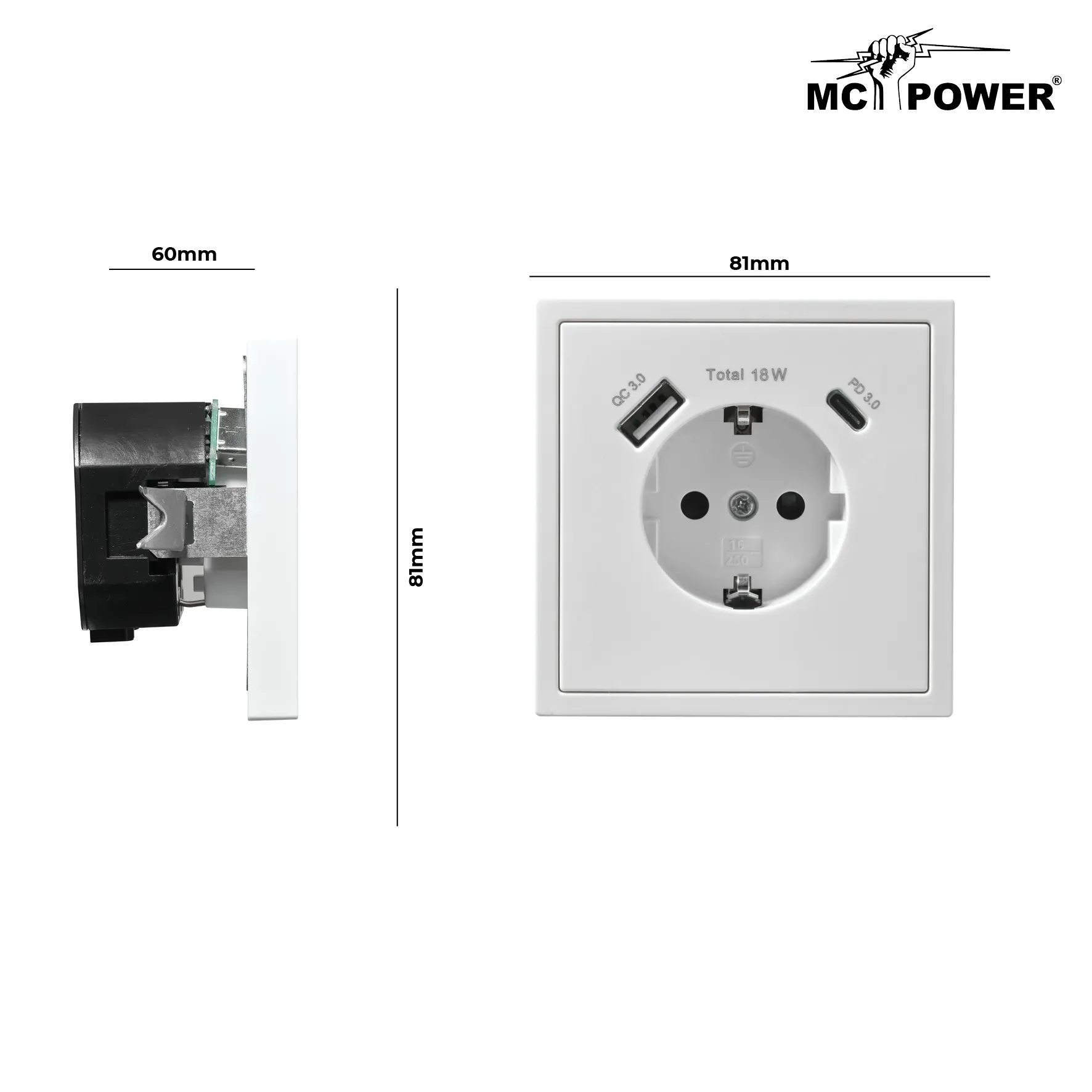 Schutzkontakt-Steckdose McPower ''Shallow'' 1x USB-C - 18W Quickcharge - 1x USB-A – Bild 3