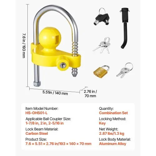 VEVOR Anhängerschloss-Set, passend für 1-7/8 Zoll, 2 Zoll, 2-5/16 Zoll Kupplungen, Anhängerkugelsperrkupplung mit Schlüsseln, höhenverstellbares Design für RV, Boote, Anhänger, Gelb – Bild 6