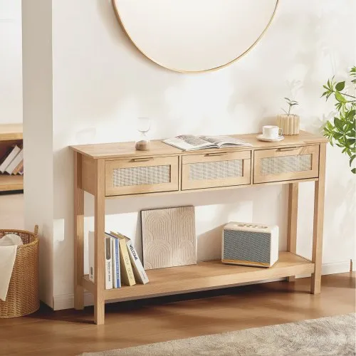 VEVOR Rattan-Konsolentisch mit 3 Schubladen, Rattan-Eingangstisch mit natürlicher Rattan-Schiebetür, Konsolen-Sofatisch für Wohnzimmer, Arbeitszimmer, Eingangsbereich oder Fernsehwand, Natur VEVOR Rattan-Konsolentisch mit 3 Schubladen, Rattan-Eingangstisch mit natürlicher Rattan-Schiebetür, Konsolen-Sofatisch für Wohnzimmer, Arbeitszimmer, Eingangsbereich oder Fernsehwand, Natur