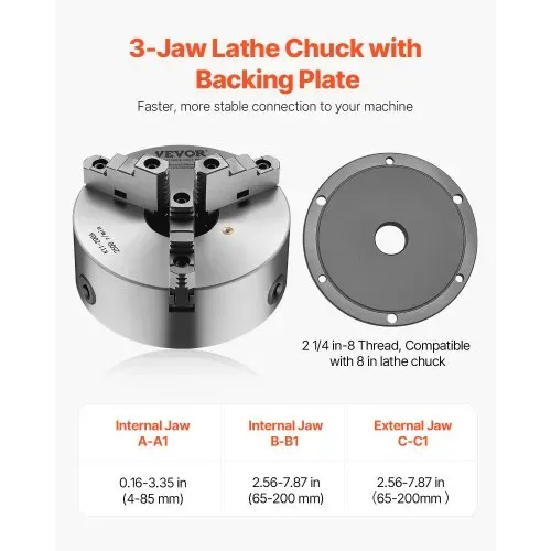 VEVOR 3-Backen-Drehfutter, φ200 mm, Spannfutter mit 57,15-mm-8-Gewinde-Trägerplatte, 4-200 mm Spannbereich mit T-Schlüsselschrauben, HT300-Material, für Holz-Metall-Drehmaschinen – Bild 3
