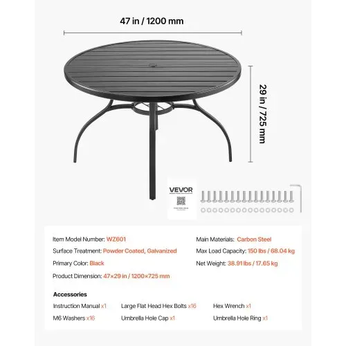 VEVOR Terrassentisch Gartentisch Balkontisch (1200 x 725 mm) aus Kohlenstoffstahl runder Esstisch für Outdoor Hof Terrasse Garten Veranda, wasserfest, mit 38 mm Schirmloch, 68 kg Tragkraft Schwarz – Bild 6