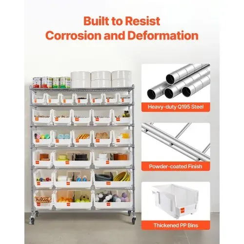 VEVOR Standregal, Lagerregal mit 7 Ebenen & 26 Stapelboxen, Bücherregal, Küchenregal mit Rollen, Fahrregal für Garage, Lager, Büro, Restaurant, Klassenzimmer, Küche, 355x1110x1480 mm – Bild 5