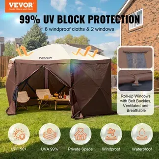 VEVOR Pop-Up-Pavillonzelt, Pop-Up-Zelt mit 6-seitigem Baldachin, Sonnenschutz mit 6 abnehmbaren Sichtschutz-Windtüchern und Netzfenstern, 3,5 x 3,5 m, Schnellaufbau-Zelt mit Moskitonetz, braun VEVOR Pop-Up-Pavillonzelt, Pop-Up-Zelt mit 6-seitigem Baldachin, Sonnenschutz mit 6 abnehmbaren Sichtschutz-Windtüchern und Netzfenstern, 3,5 x 3,5 m, Schnellaufbau-Zelt mit Moskitonetz, braun