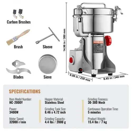 VEVOR elektrische Getreidemühle Hochgeschwindigkeits-Gewürzmühle 2 kg 3400 W, Pulverisiermaschine aus Edelstahl, für trockene Körner Gewürze Müsli Kaffee Mais Pfeffer, Schwenktyp 24 x 23 x 38 cm – Bild 6